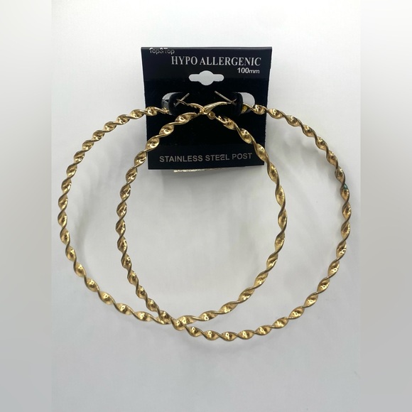 Stainless Steel Twisted Hoop Earring Hypoallergenic Gold 100mm 4in Diameter - Picture 1 of 2